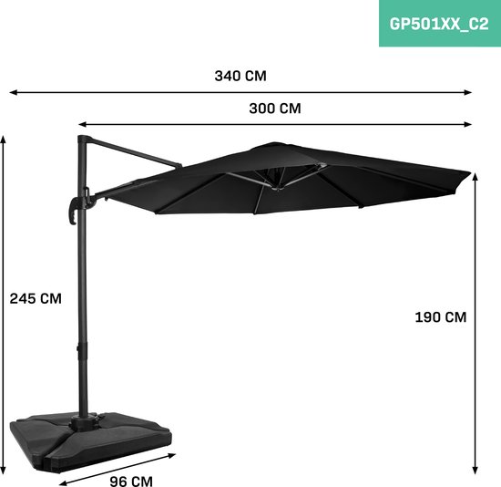 VONROC Premium Zweefparasol Bardolino 300cm - Incl. kruisvoet