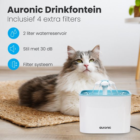 Auronic Drinkfontein - Waterfontein voor Katten en Honden - 2L - Dieren Drinkbak - Incl. 4 Filters - Zwart