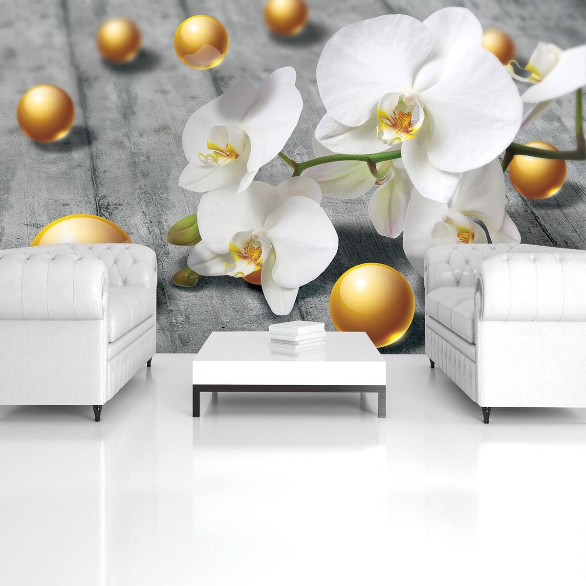 Elegant vliesbehang in marmerlook met groen en goud - Prachtige