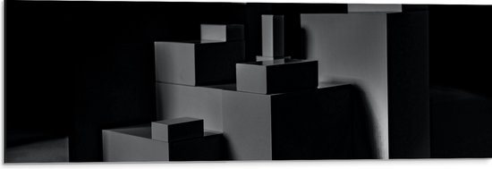 Dibond - Opgestapelde Balken en Blokken in Donkere Omgeving - 90x30 cm Foto op Aluminium (Wanddecoratie van metaal)