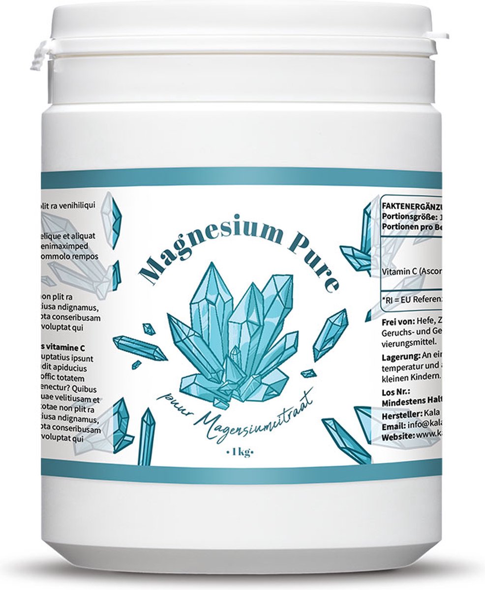 Magnesiumcitraat Poeder - 1kg - Draagt bij aan het normaal functioneren van de spieren - Kala Health