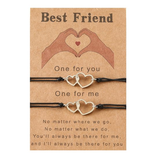 Vriendschapsarmbandjes voor 2 met Verbonden Hartjes "Best Friend" - Zwarte Bandjes - BFF Armbandjes op Cadeau kaartje - Pax Amare
