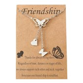 Vriendschapsketting met Vlinder en Hartjes - Zilverkleurig - BFF Ketting op Cadeau kaartje - Pax Amare