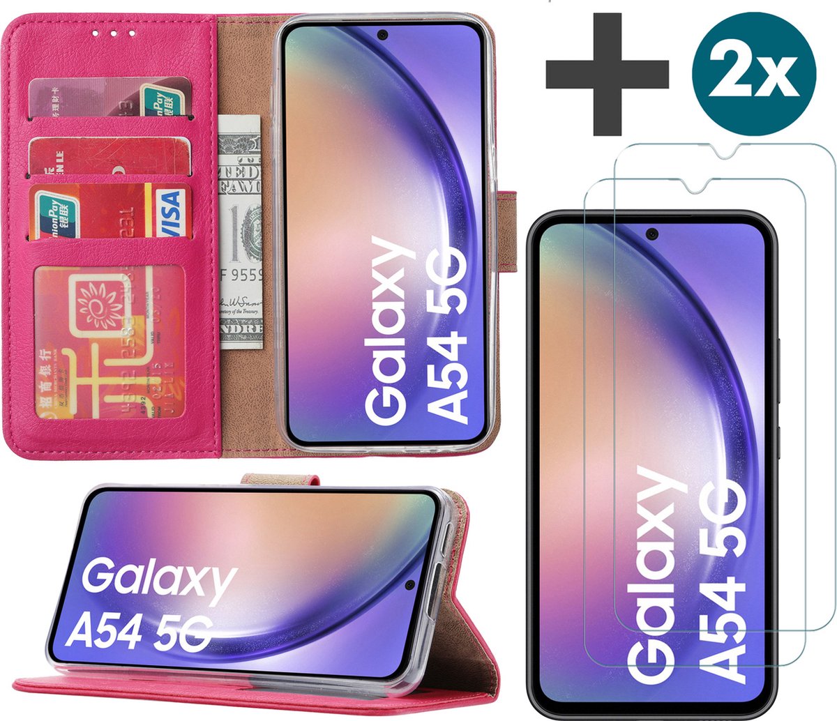 Arara Hoesje geschikt voor Samsung Galaxy A54 (5G) hoesje - bookcase met pasjeshouder + 2x Screenprotector tempered glass - Roze