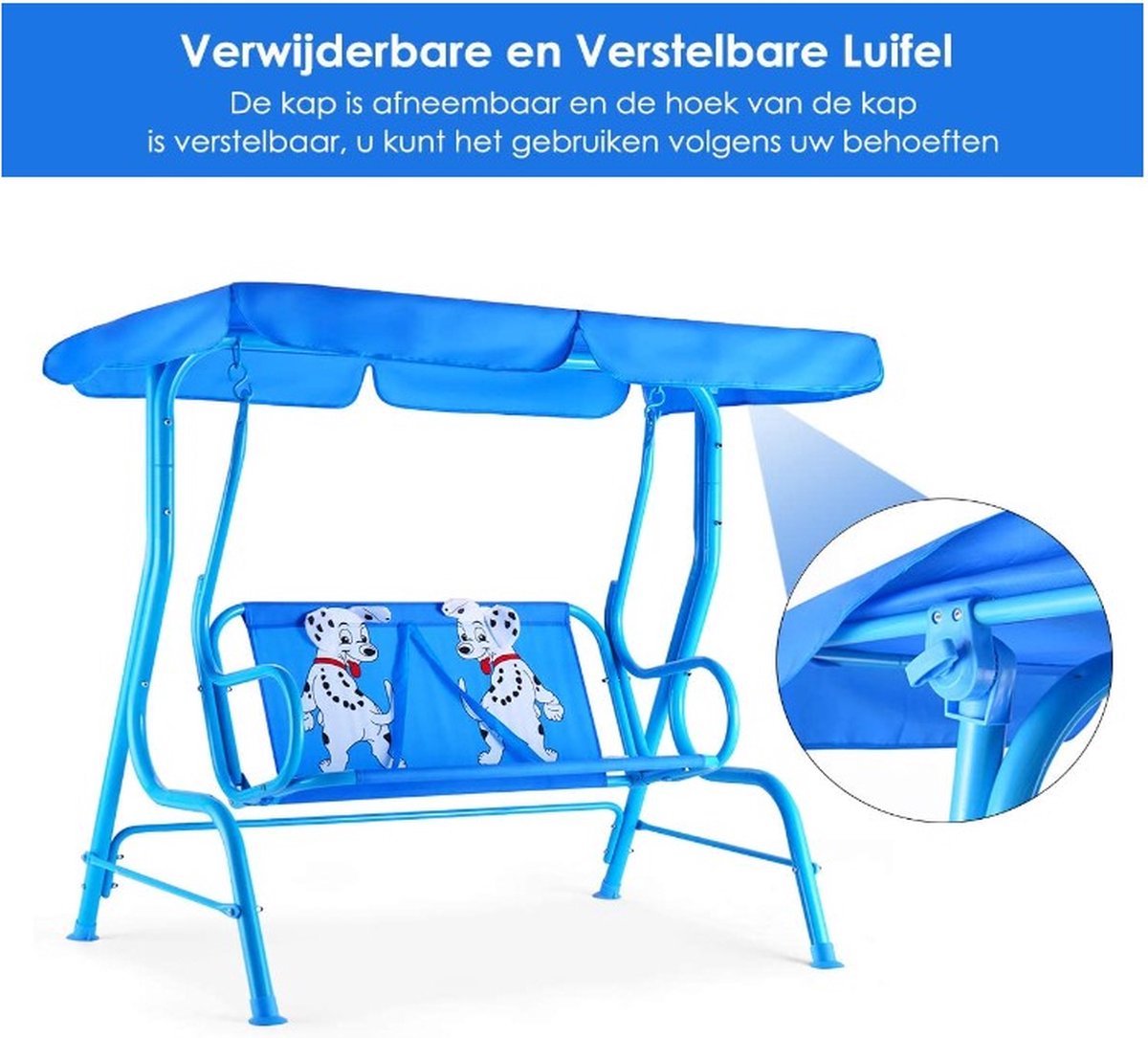 COSTWAY Kinderen Patio Schommelbank, Kinderen Veranda Schommelstoel Met Veiligheidsgordel Afneembare Luifel Bank Voor 2 Personen 2 Zitplaatsen Hangen Buiten Tuin Dek Meubilair