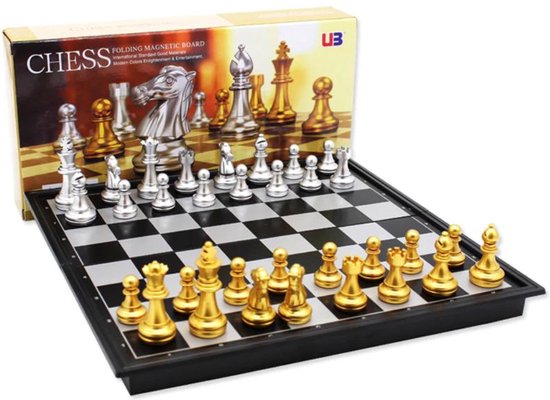 Thumbnail van een extra afbeelding van het spel Schaakbord 25x25 cm - Magnetisch - Goud en Zilver - Middeleeuws - Opvouwbaar - Reis Set