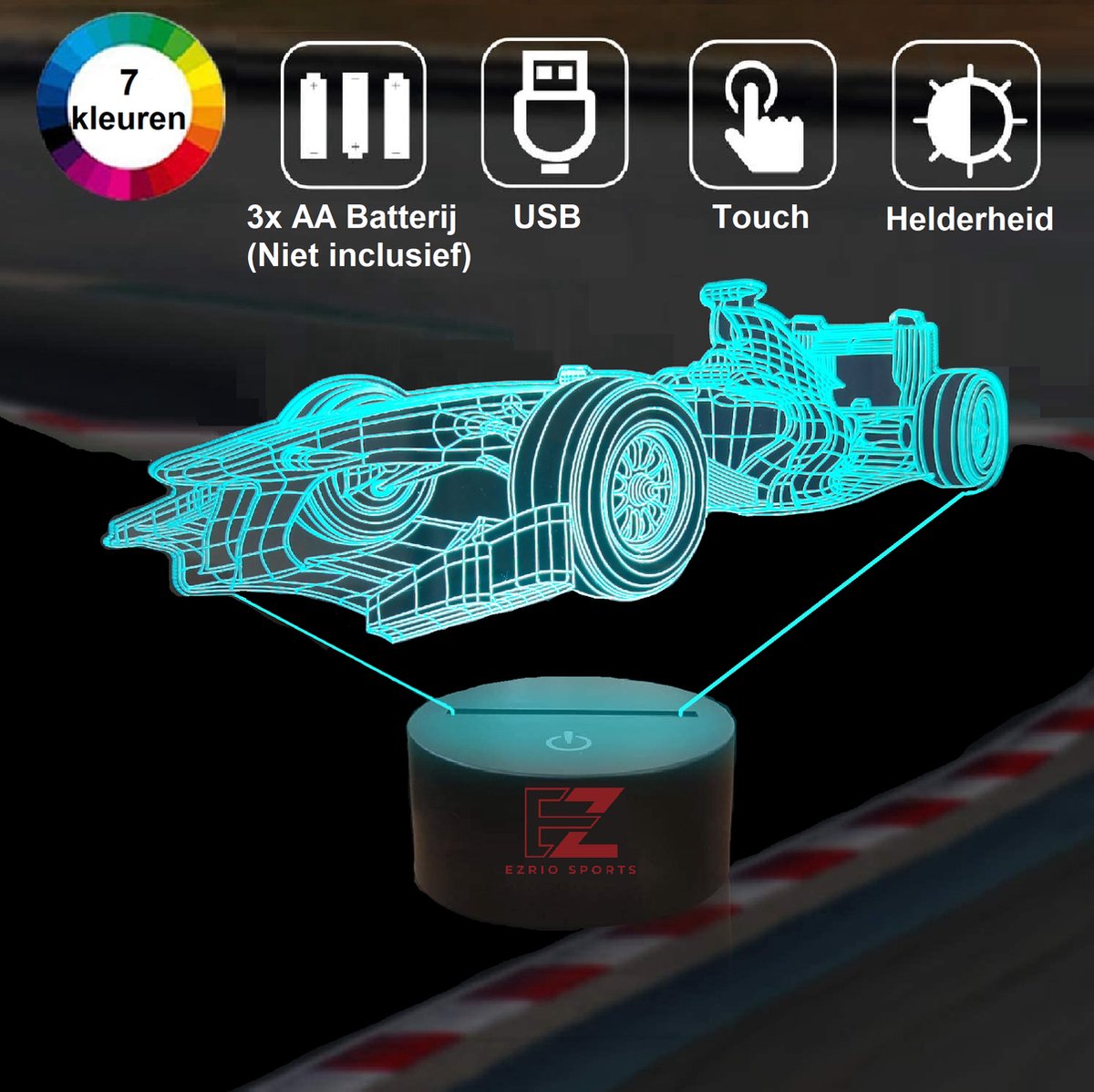 Nachtlampje Kinderen – 3D Night Light – LED Lamp – 3D Lamp – Tafellamp Slaapkamer – Night Lamp – Nachtlichtje – Verjaardagscadeau – Formule 1 – Raceauto - EZRIO SPORTS