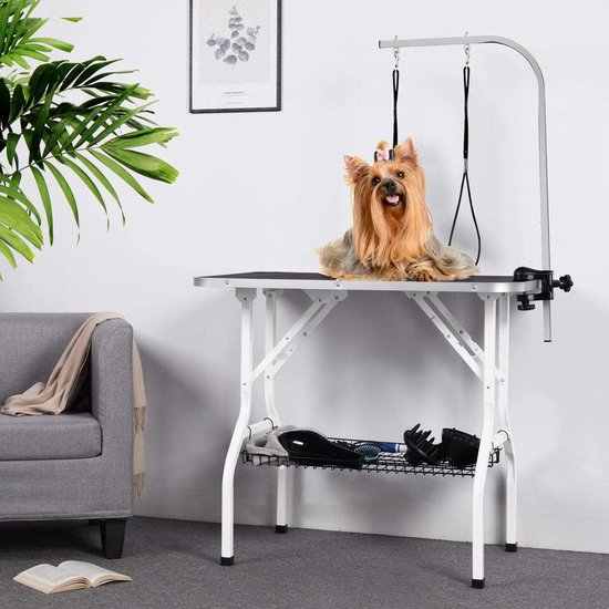 Draagbare huisdierverzorgingstafel, hondenverzorgingstafel voor huishoudelijke badkamers, haardroog en knippen, trimtafel met netmand voor honden/katten, zwart, in hoogte verstelbaar HMTM-TT-10022-Black