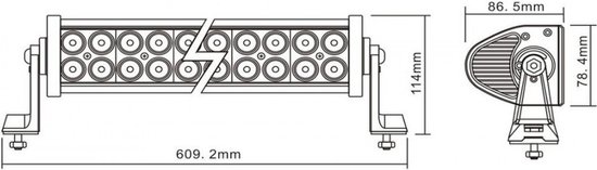 Technische tekening van een zwarte ledbar met afmetingen 609.2mm x 114mm, en een zijaanzicht met 78.4mm x 86.5mm.