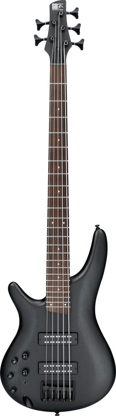 Zwart gelakte 5-snarige elektrische basgitaar met esdoorn hals, volledig van voren.