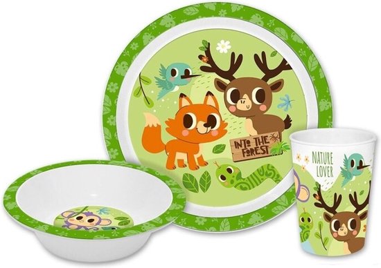 Ontbijtset Melamine - Into The Forrest - Met vos, Vogels & Hert - Bord, beker en kom van Mepal — afbeelding 2