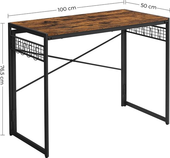 VASAGLE: Computertafel, opklapbaar bureau met 8 haken, werkplek, geen gereedschap nodig, industrieel ontwerp, voor thuiskantoor, laptop en PC, LWD42X