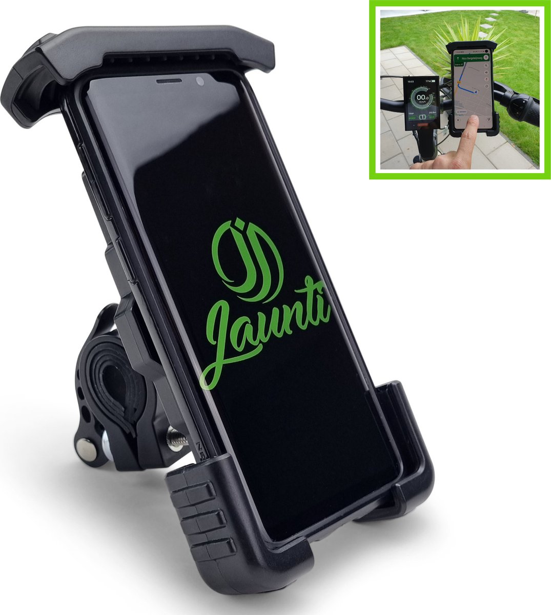 Jaunti Telefoonhouder Fiets – Smartphone Houder Fiets – Telefoondrager - GSM Fiets Accessoires - Universeel - Draaibaar - Verstelbaar – Robuust- E-bike, Mountainbike, Scooter, Step, Motor - Zwart