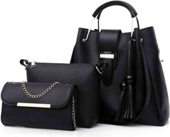 Leerella Dames 3-delige Zwart schoudertas – Een Set van Drie Luxe Dames Tassen Set - Dames Handtassen