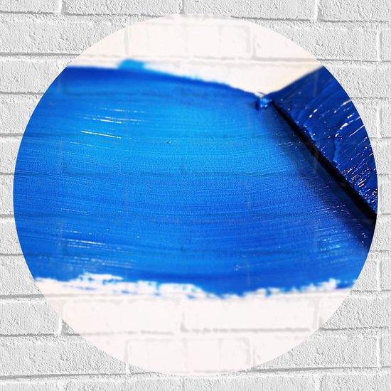 Muursticker Cirkel - Blauwe Verf Streep op Witte Achtergrond - 70x70 cm Foto op Muursticker