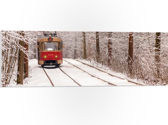 PVC Schuimplaat - Rode Tram rijdend door Bos vol Bomen in de Winter - 90x30 cm Foto op PVC Schuimplaat (Met Ophangsysteem)