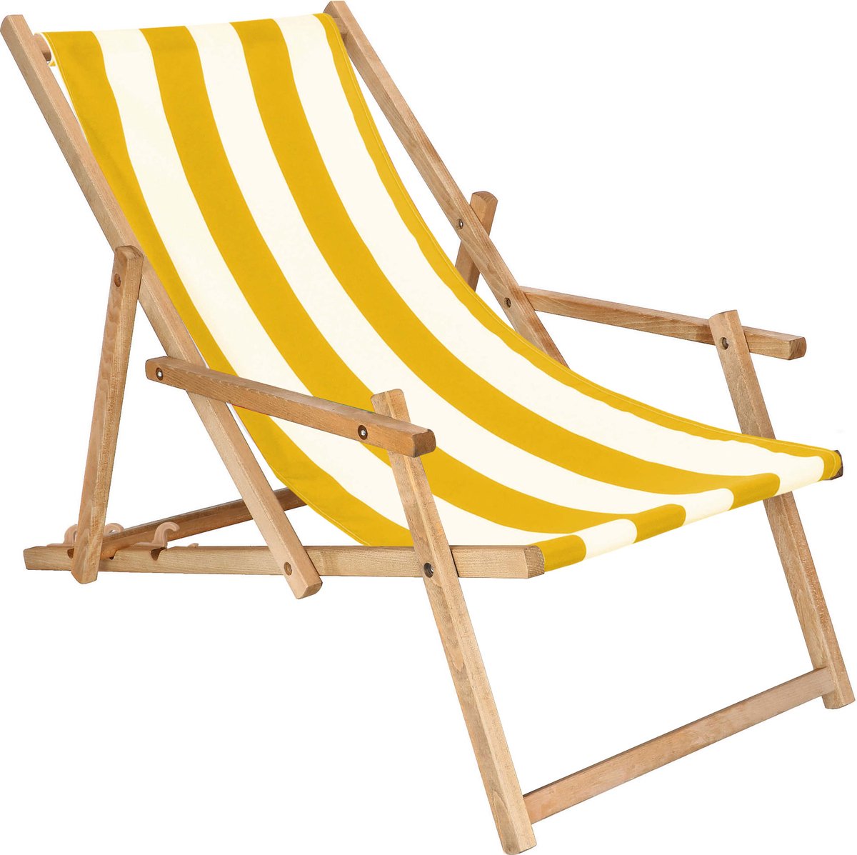 Springos - Ligbed - Strandstoel - Ligstoel - Verstelbaar - Arm Leuning - Beukenhout - Geïmpregneerd - Handgemaakt - Geel Wit