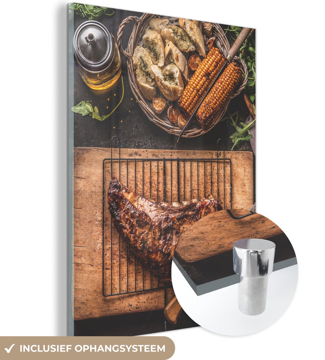 ® Glasschilderij 60x80 cm - Schilderij acrylglas - BBQ met spareribs, maiskolven en knoflo