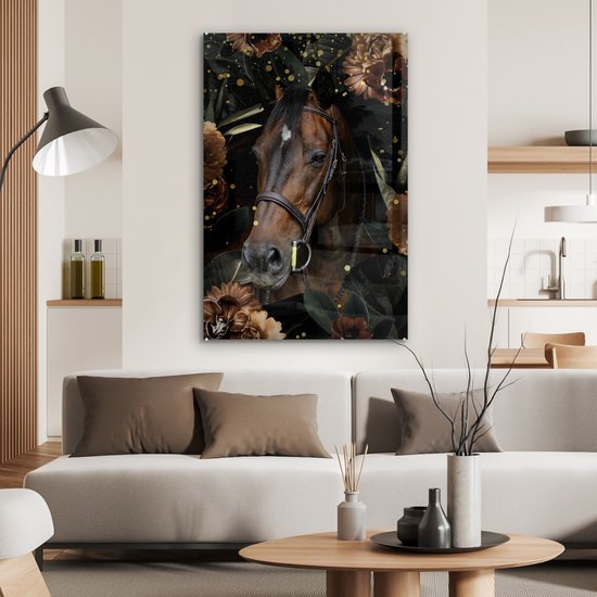 MuchoWow® Peinture sur Verre - Cheval - Plantes - Fleurs - 80x120 cm - Peintures sur Verre Acrylique - Photo sur Glas