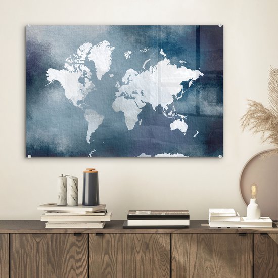 Peinture sur Verre - Carte du Wereldkaart - Aquarelle - Blauw - 60x40 cm - Peintures sur Verre Peintures - Photo sur Glas