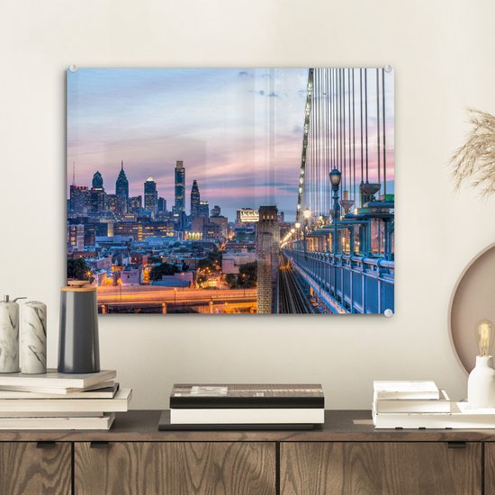 Le coucher de soleil de Philadelphie aux Etats-Unis vu du pont Benjamin Franklin Plexiglas 40x30 cm - petit - Tirage photo sur Glas (décoration murale en plexiglas)