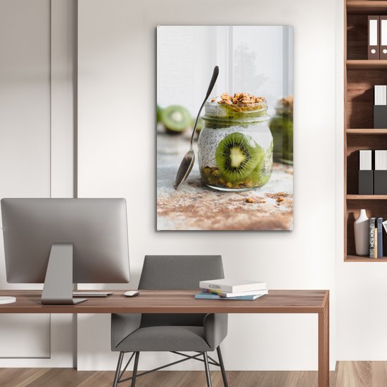 MuchoWow® Glasschilderij 80x120 cm - Schilderij acrylglas - Kiwi - Pudding - Eten - Foto op glas - Schilderijen