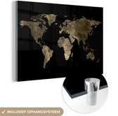 MuchoWow® Glasschilderij 90x60 cm - Schilderij acrylglas - Wereldkaart - Goud - Zwart - Aarde - Luxe - Foto op glas - Schilderijen