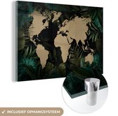 MuchoWow® Glasschilderij 90x60 cm - Schilderij acrylglas - Wereldkaart - Zwart - Planten - Foto op glas - Schilderijen