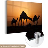 MuchoWow® Glasschilderij 60x40 cm - Schilderij acrylglas - Silhouetten van kamelen bij zonsondergang - Foto op glas - Schilderijen