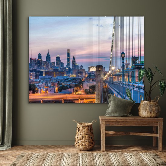 Coucher de soleil de Philadelphie aux Etats-Unis vu du pont Benjamin Franklin Plexiglas 160x120 cm - Tirage photo sur Glas (décoration murale plexiglas) XXL / Groot format!