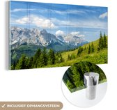 MuchoWow® Glasschilderij 160x80 cm - Schilderij acrylglas - Alpen - Bergen - Gras - Foto op glas - Schilderijen