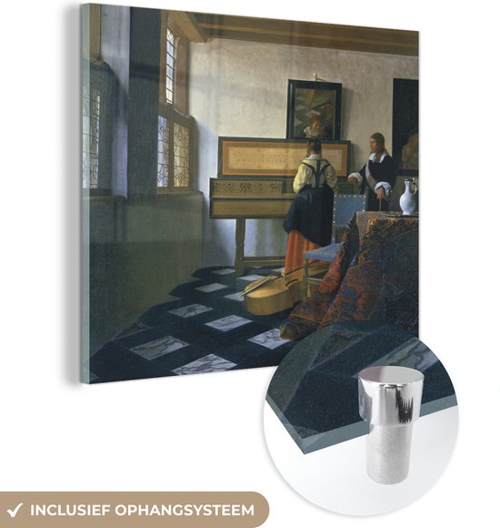 MuchoWow® Glasschilderij 20x20 cm - Schilderij acrylglas - De muziekles - Johannes Vermeer - Foto op glas - Schilderijen