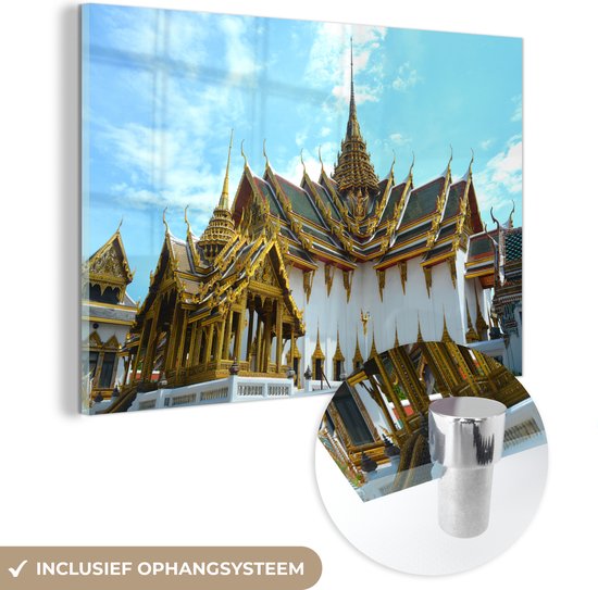 MuchoWow® Glasschilderij 120x80 cm - Schilderij acrylglas - Thailand - Paleis - Zon - Foto op glas - Schilderijen