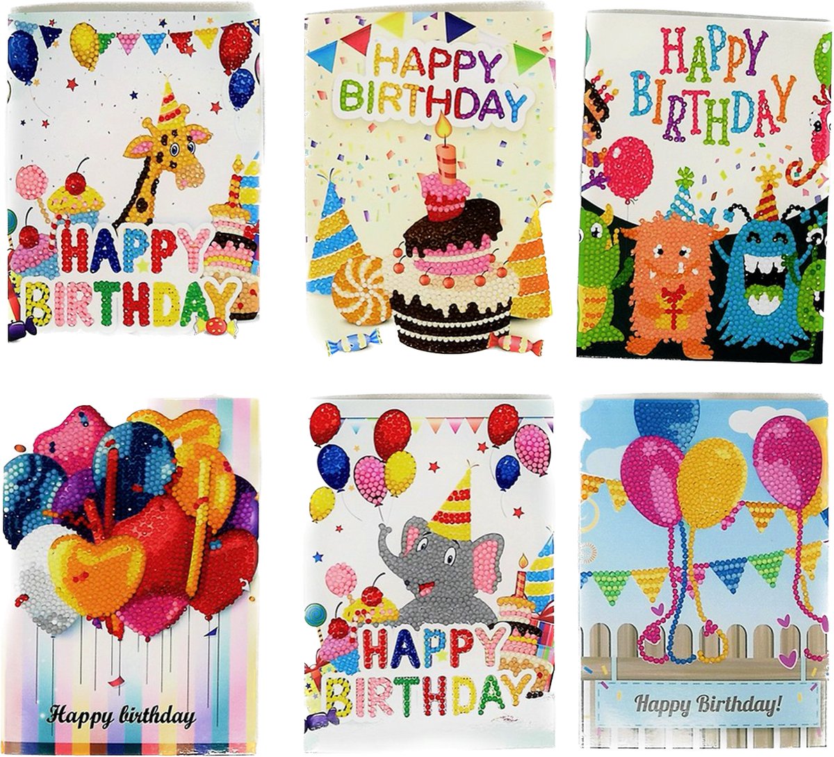 Huntex Diamond Painting Verjaardagskaarten - Set van 6 DIY Handgemaakte Feestelijke Wenskaarten met Diamantjes en Enveloppen | Cadeau-ideeën voor Verjaardagen! | Pakket Volwassenen