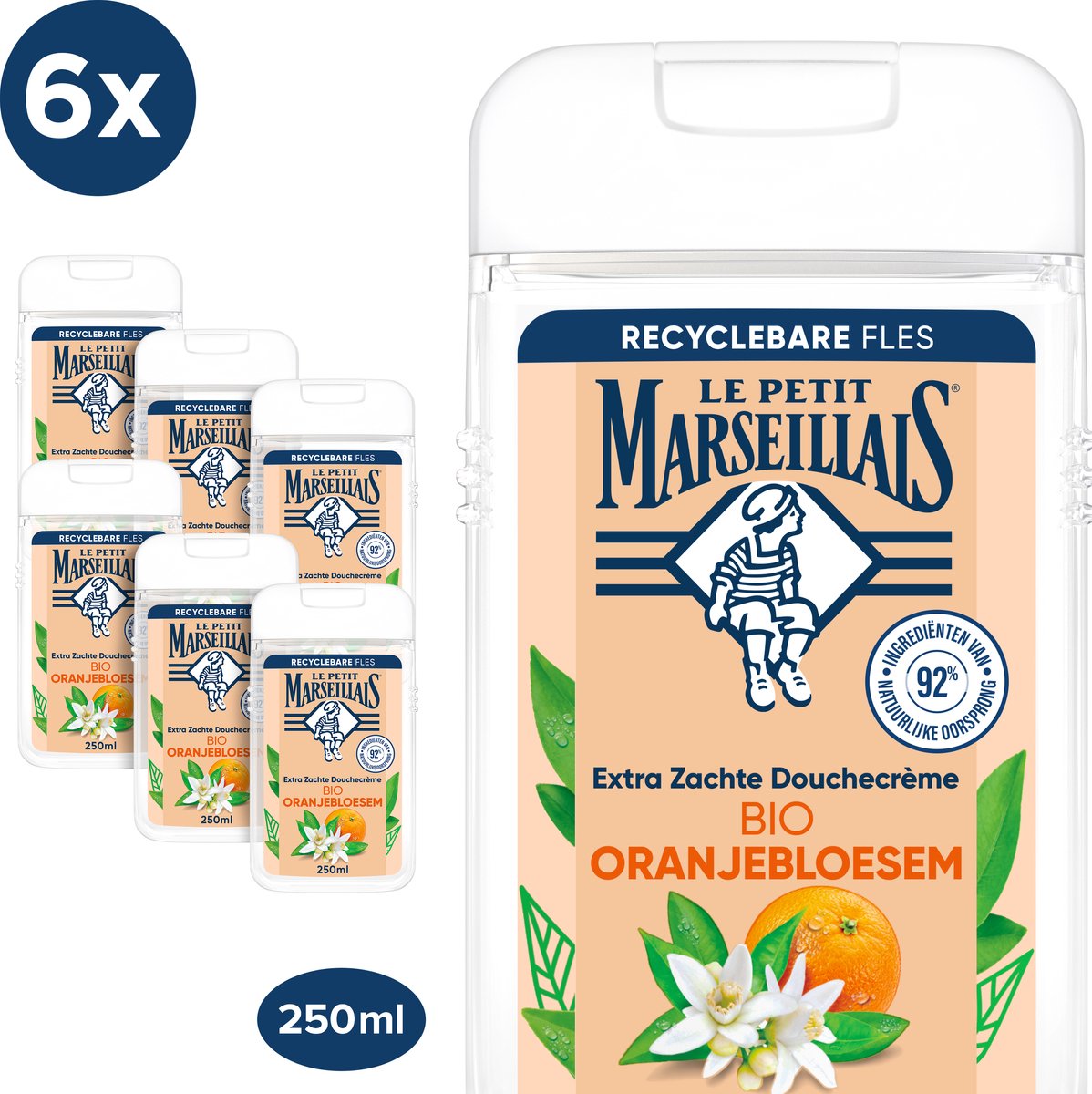 Le Petit Marseillais extra zachte douchecrème bio oranjebloesem, hydrateert en voedt de huid 6 x 250ml