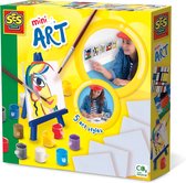 SES - Mini Art - 5 canvas doeken en mini houten schildersezel - inclusief 12 kleuren verf en 2 penselen - makkelijk uitwasbaar