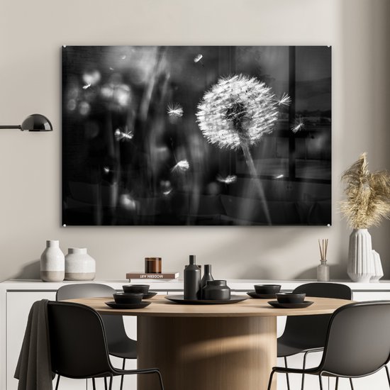 MuchoWow® Peinture sur verre 90x60 cm - Peinture sur verre - Pissenlit - Zwart - Wit - Plante - Photo sur verre acrylique - Peintures