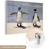 MuchoWow® Glasschilderij 60x40 cm - Schilderij acrylglas - Twee Zwartvoetpinguïns lopen op het strand - Foto op glas - Schilderijen