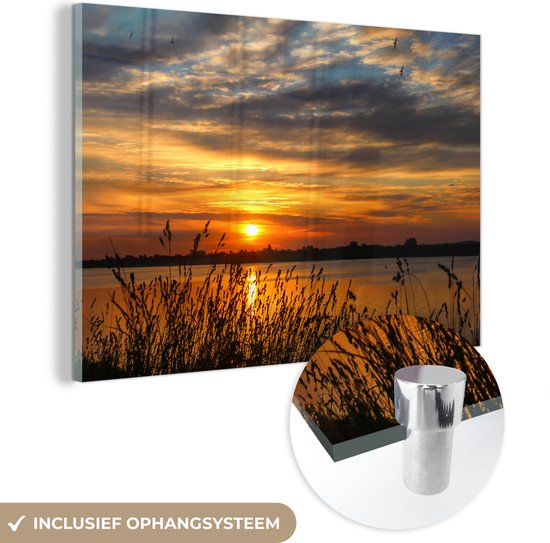 Glasschilderij - Wanddecoratie - Landschap - Zee - Zonsondergang - Planten - Acrylplaat - 90x60 cm - Foto op glas - Schilderij glas - Acrylglas - Woondecoratie