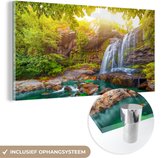 MuchoWow - Glasschilderij - Kamer decoratie - Waterval - Bos - Oase - Acrylglas - Schilderij op glas - Schilderij natuur - 160x80 cm - Schilderijen woonkamer