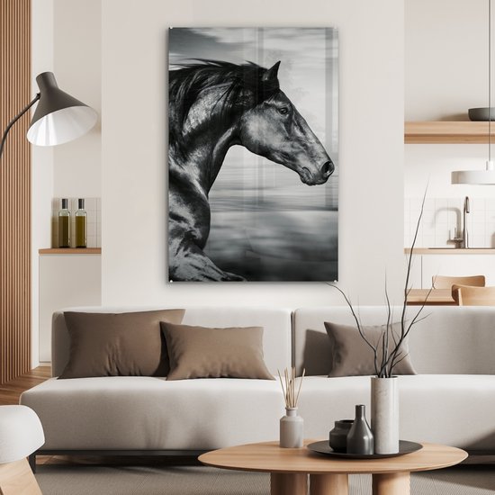 MuchoWow - Peinture sur verre - Photo sur verre - Verre acrylique - Animaux - Cheval - Nature - Zwart et blanc - Décoration murale - 80x120 cm - Peinture cheval - Peintures de salon