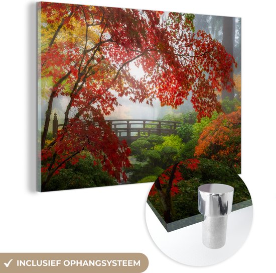 Peinture sur verre - Japonais - Pont - Érable du Japon - Arbres - Nature - Verre acrylique - Photo sur verre - 120x80 cm - Peinture sur verre nature - Décoration murale verre - Décoration murale - Peinture verre