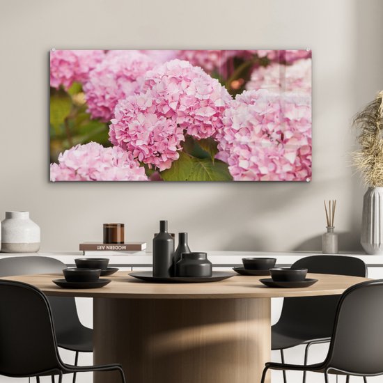 MuchoWow - Peinture sur verre - Hortensia - Fleurs - Feuilles - Plante - Rose - Photo sur verre - Verre acrylique - Décoration murale - 80x40 cm - Peinture sur verre fleurs - Peinture sur verre - Décoration murale