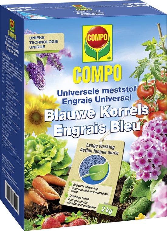 Foto: Compo blauwe korrels universele meststof voor de moestuin en de siertuin beperkte uitspoeling doos 2 kg