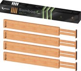 Kamoro Ladeverdeler van natuurlijk bamboe, set van 4, met veer voor een stevige grip en meubelv0riendelijke uiteinden, verstelbare lade-organizer tussen 44 en 56 cm, houtkleur