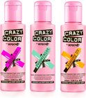 Drie flesjes Crazy Color haarkleurcrème: 'Rebel UV', 'Peppermint' en 'Anarchy UV'.