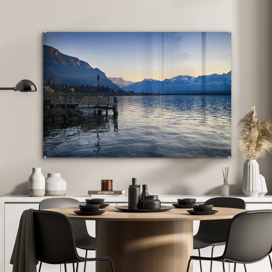 Coucher de soleil derrière les Alpes au lac Léman Plexiglas 90x60 cm - Tirage photo sur Glas (décoration murale plexiglas)