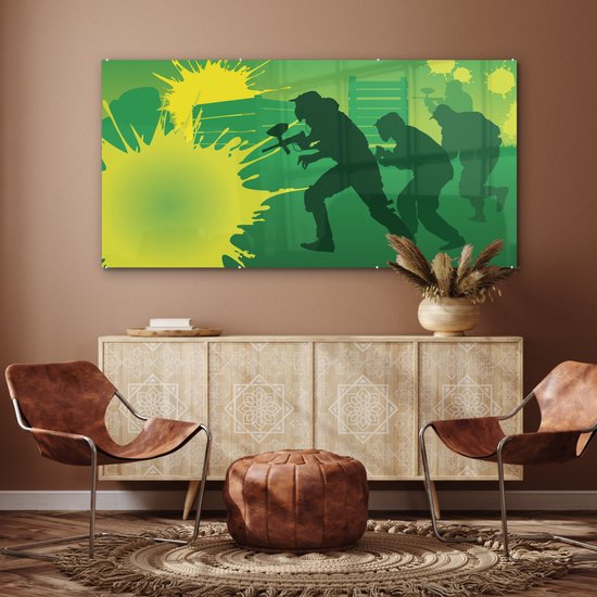 MuchoWow® Peinture sur Verre - Une Illustration Verte de Paintball sur un Terrain - 160x80 cm - Peintures sur Verre Peintures - Photo sur Glas