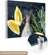 MuchoWow® Glasschilderij 120x90 cm - Schilderij acrylglas - Vis - Citroen - Kruiden - Foto op glas - Schilderijen