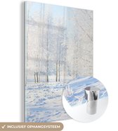 MuchoWow® Glasschilderij 60x80 cm - Schilderij acrylglas - Sneeuw - Bomen - Winter - Foto op glas - Schilderijen